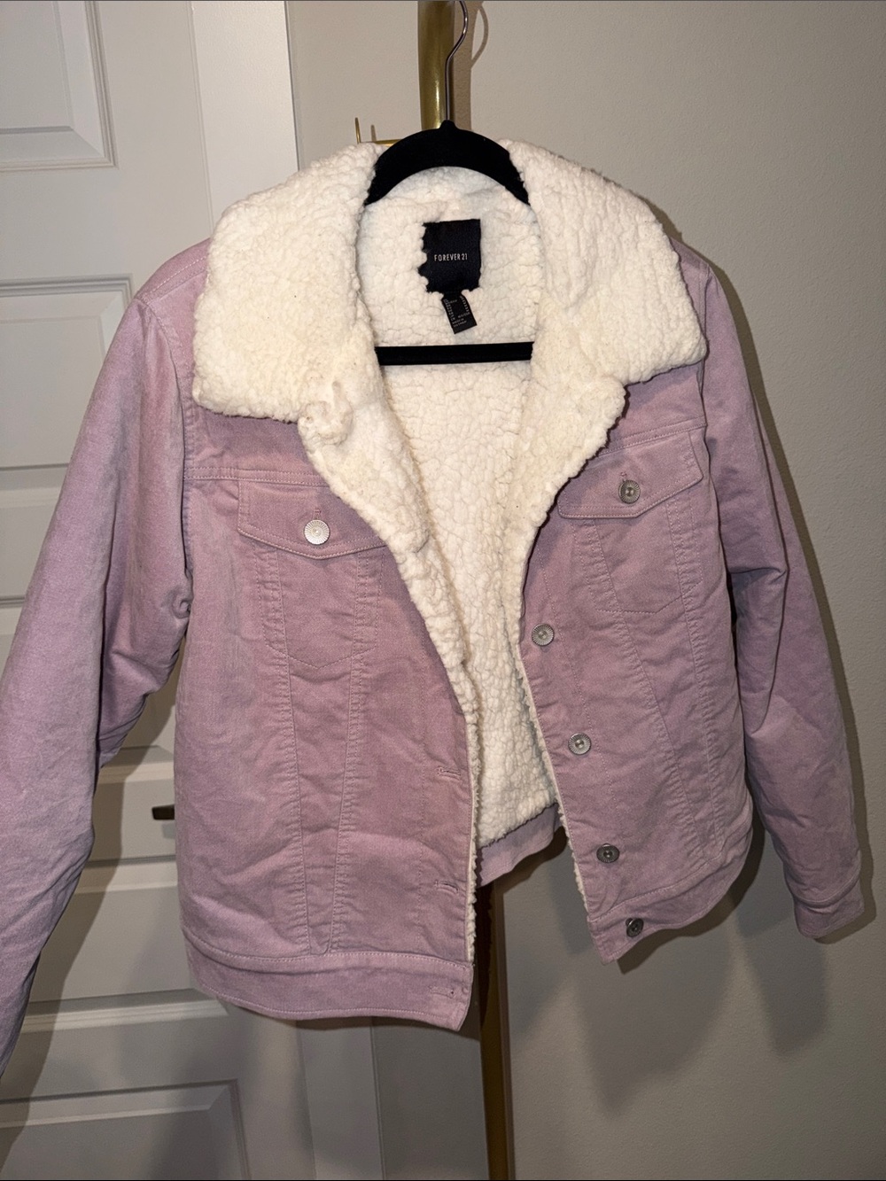Forever 21 Lavender Teddy-Lined Trucker Jacket with Cream Sherpa